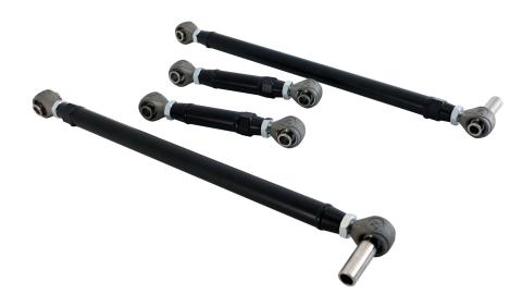 Replacement 4-Link Bar Kit W/ R-Joints Double Adj For 1968-1972 Nova Old Design Bars Canted Outward Double Adjustable Upper And Lower Bars And R-Joint Spacers Powder Coated Satin Black Ridetech