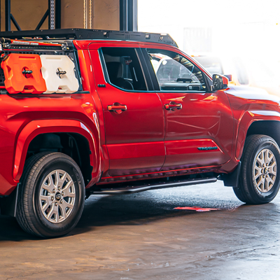 Step Edition Rock Slider For 24-Present Toyota Tacoma/Double Cab Short Bed W/ No Kick Out/Yes (Bed Liner)/Raw Steel Cali Raised LED