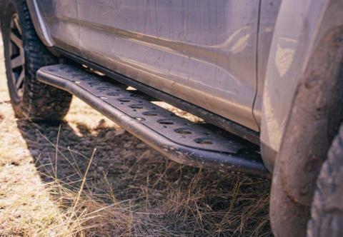 Step Edition Rock Slider For 24-Present Toyota Tacoma/Double Cab Long Bed W/ Kick Out/Yes (Raw Steel)/Powdercoat Cali Raised LED