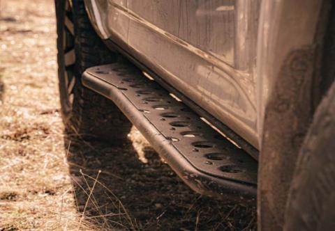 Step Edition Rock Slider For 24-Present Toyota Tacoma/Double Cab Long Bed W/ No Kick Out/Yes (Bed Liner)/Powdercoat Cali Raised LED