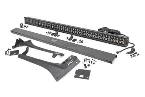 Jeep 50-Inch Straight LED Light Bar Upper Windshield Kit w/ Dual-Row Black Series LED White DRL 20-Up Gladiator JT 18-20 Wrangler JL Rough Country