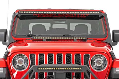 Jeep 50-Inch Straight LED Light Bar Upper Windshield Kit w/ Dual-Row Black Series LED White DRL 20-Up Gladiator JT 18-20 Wrangler JL Rough Country