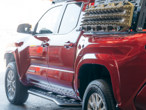Step Edition Rock Slider For 24-Present Toyota Tacoma/Double Cab Short Bed W/ No Kick Out/Yes (Bed Liner)/Powdercoat Cali Raised LED